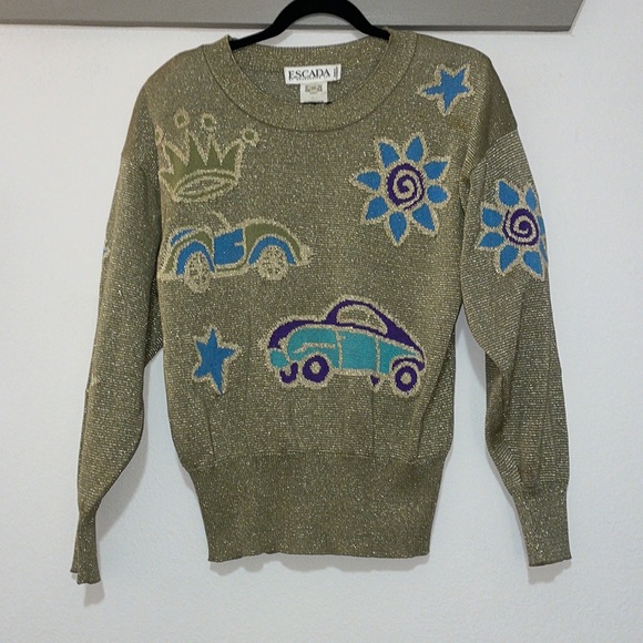 Escada Sweaters - Escada by Margaretha Ley Vintage Car Print Gold Metallic Sweater SZ 34/US S VGUC